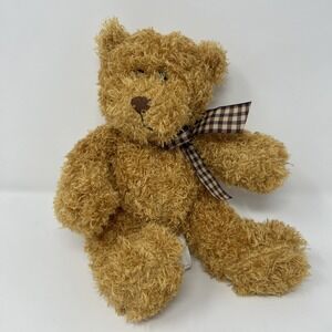 Burton + Burton 12" Teddy Bear Plush Retro Curly Hair Cream Brown Gingham Bow